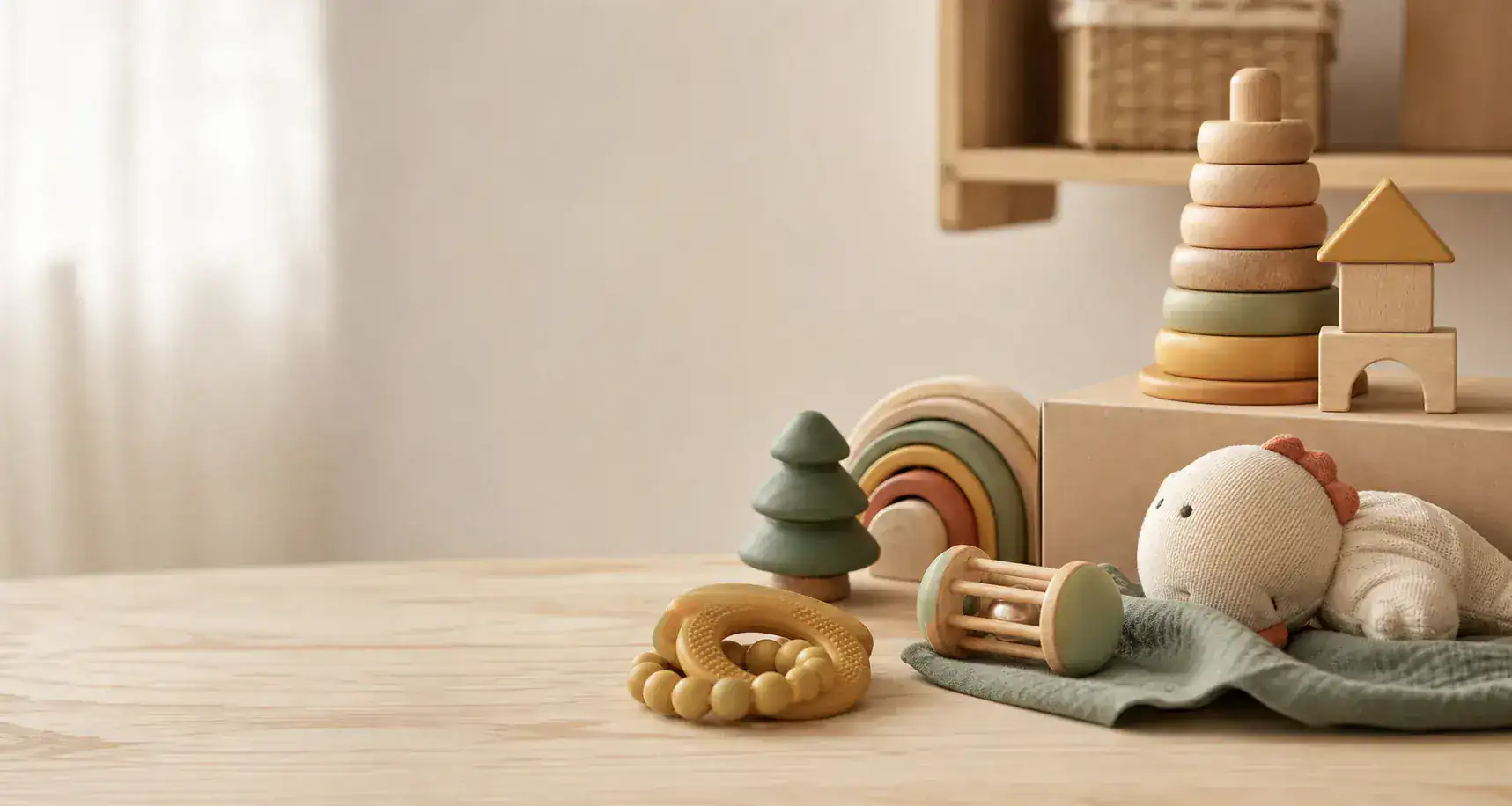 Natural light scene with baby toys and wooden textures